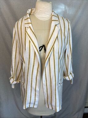 Love Tree White Blazer with Mustard & Blue Stripes. Size L